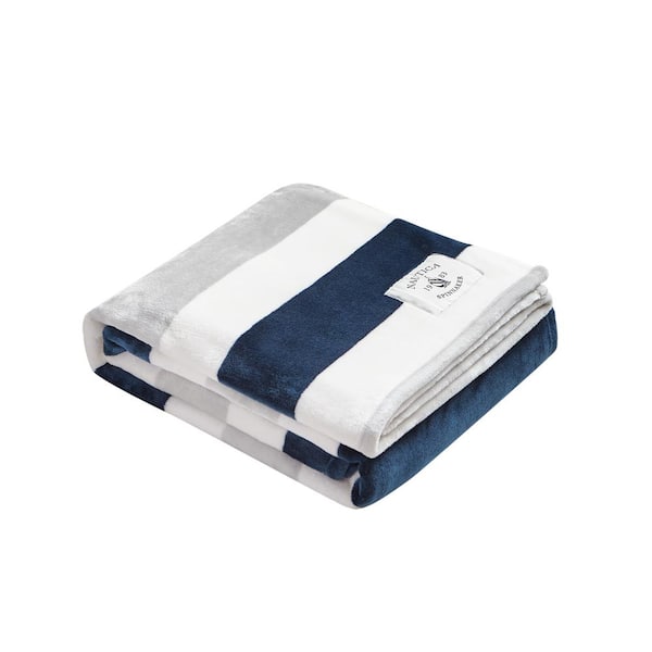 Nautica Awning Stripe 1-Piece White Ultra Soft Plush Microfiber Throw Blanket