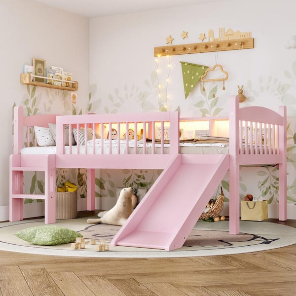 Pink Twin XL Wood Loft Bed with Storage Shelves, LED Lights and Full-Length Guardrails