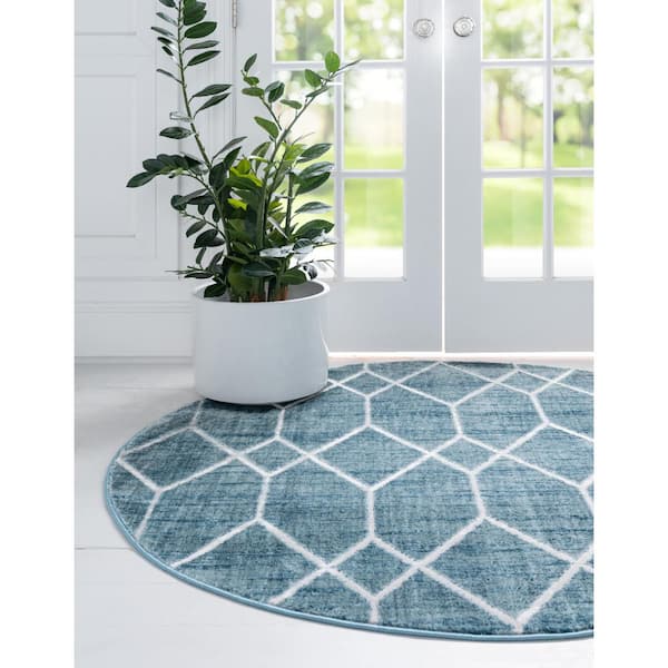 Matrix Trellis Deco Blue 3 ft. 3 in. x 3 ft. 3 in. Round Area Rug