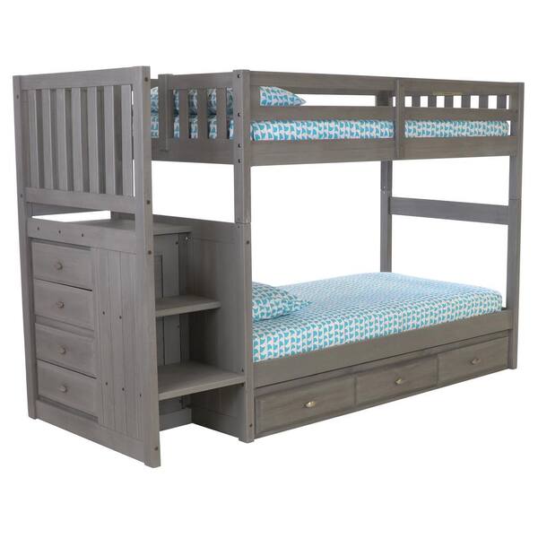 OS Home and Office Furniture Charcoal Mission Gray Twin Staircase Bunkbed with 3-Drawers