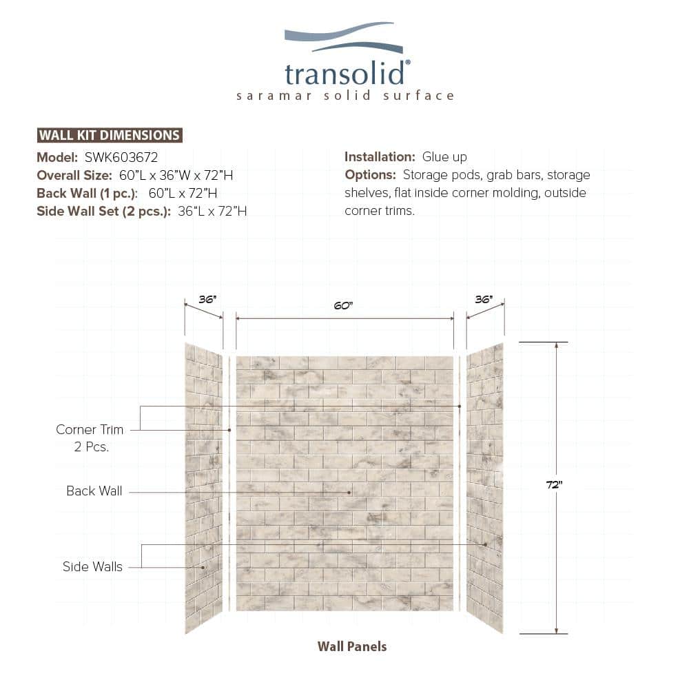 SaraMar Sand Creme 60''x36'' Subway Tile 3-Piece Shower Wall Kit