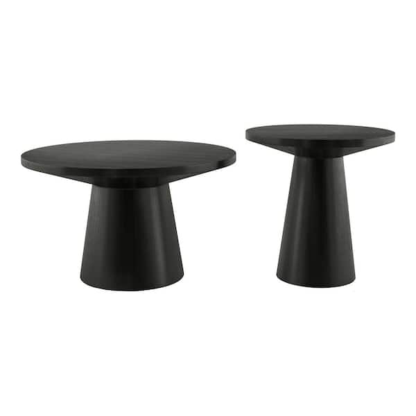 Leander 2-Piece 29 in. Black Round Wood Coffee Table Set with Cone-Shaped Pedestal Base