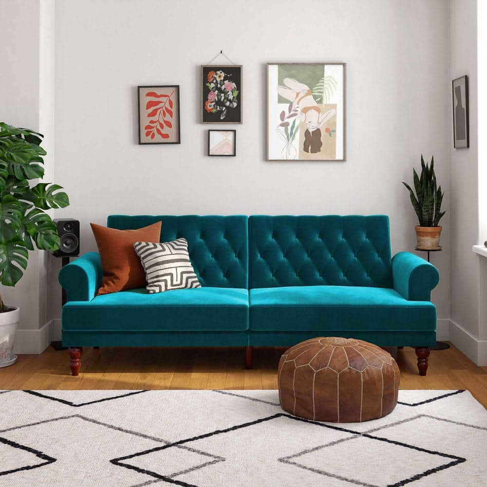 Novogratz Cassidy Teal Velvet Upholstered Futon 2342979n - The Home Depot