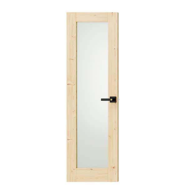 24 in. x 80 in. Solid Wood, Full Lite, Frosted Glass, Primed, Light Brown Interior Door Slab With Black Lever Handle