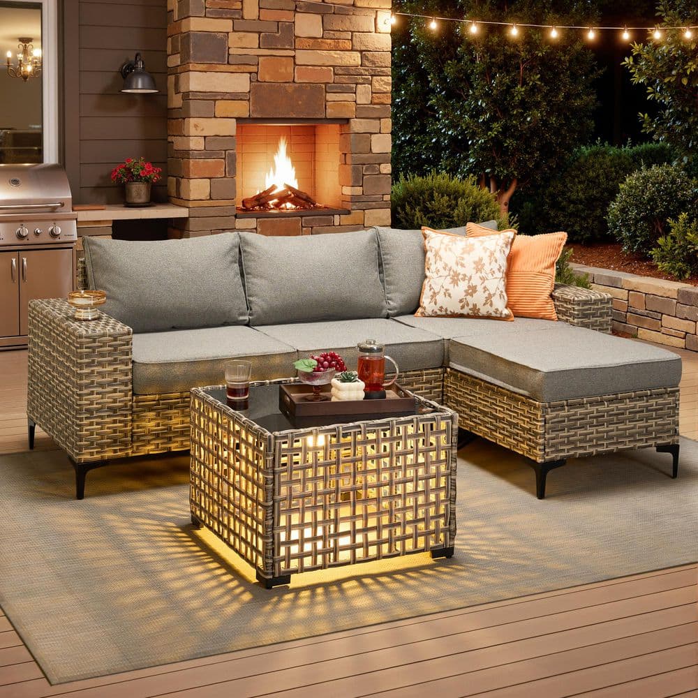 Vero 5-Piece Wicker Outdoor Patio Conversation Sectional Set with a Solar-Lighted Table and Dark Gray Cushions price history on PriceWatchPro