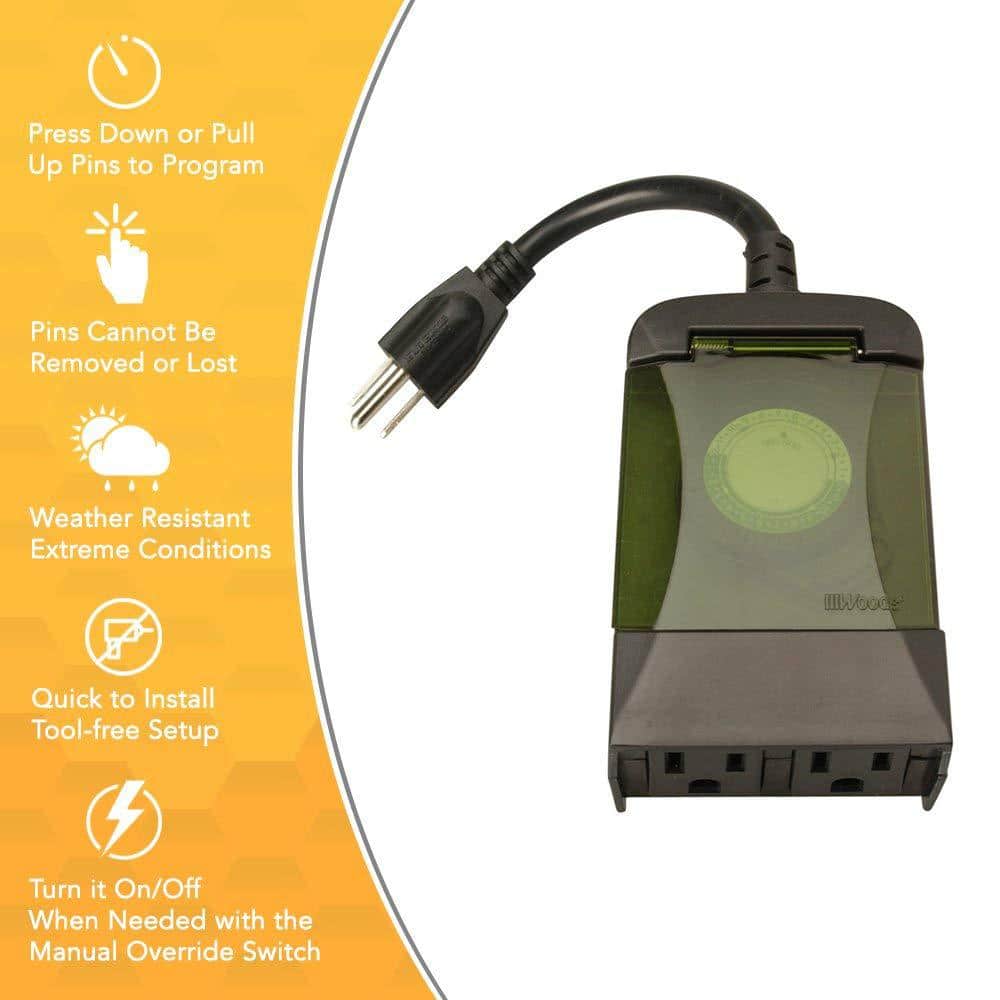 Black Outdoor Mechanical Timer with 2 Grounded Outlets
