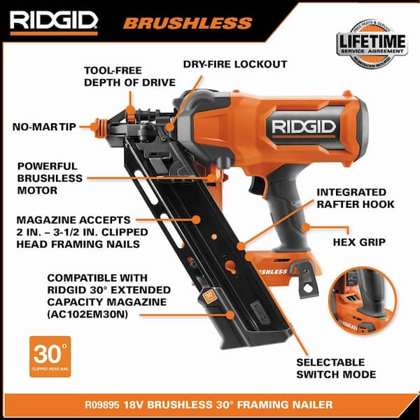 RIDGID 18V Brushless Cordless 30-Degree 3-1/2 in. Framing Nailer (Tool  Only) R09895B - The Home Depot