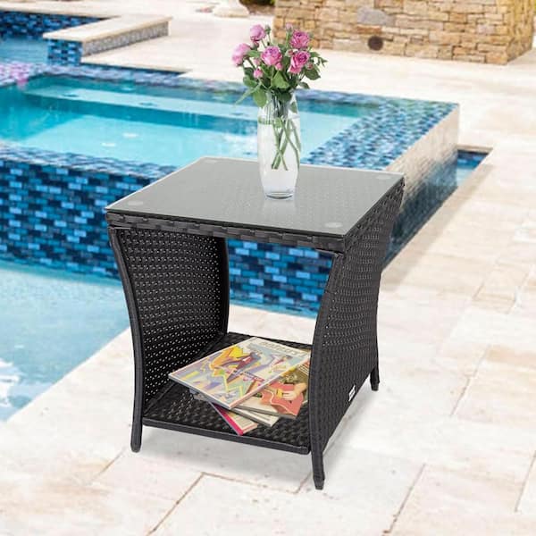 Unbranded Black Square Wicker Outdoor Side Table, Outdoor Square Side Tables for Patio Garden Porch
