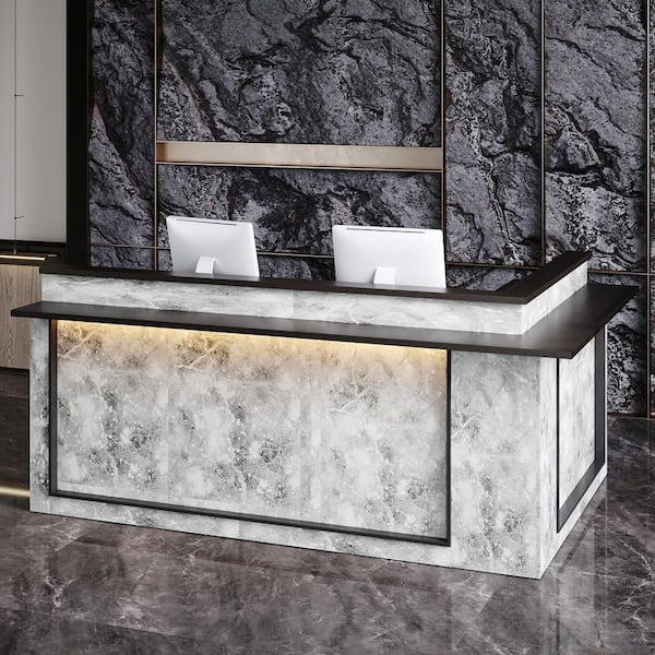 94.5 in. Width L-Shape Gray Marble Pattern Wood 1-Drawer Writing Desk, Water Bar Counter, Welcome Counter with 14-Shelf
