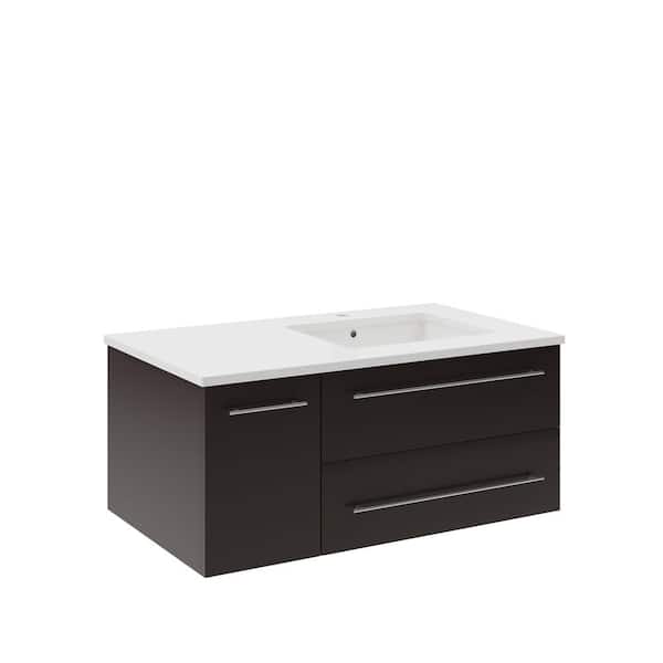 Fresca Lucera 36 in. Single Sink Wall Mount Espresso Bath Vanity with White Quartz Top and Undermount Sink - Right Version