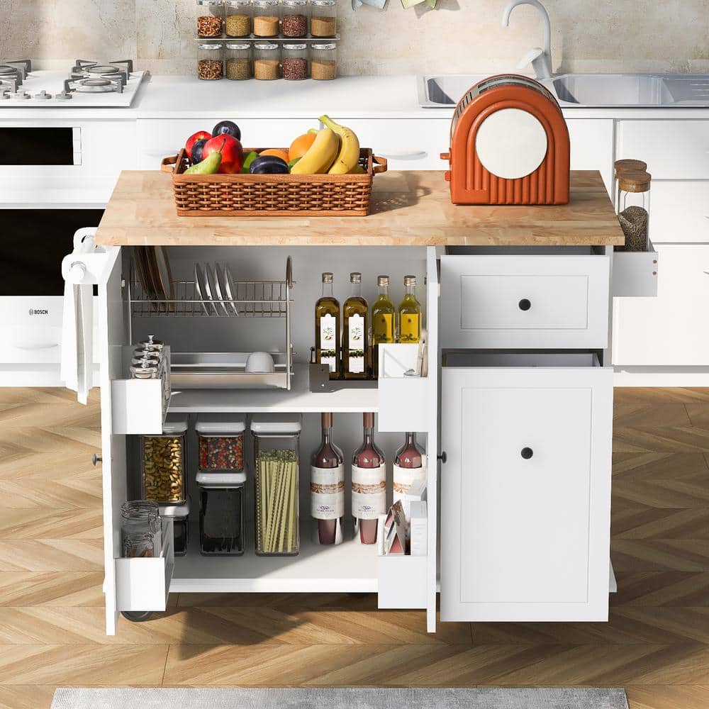 White Wood Kitchen Cart Kitchen Island with Drop Leaf, Spice Rack, Towel Ra