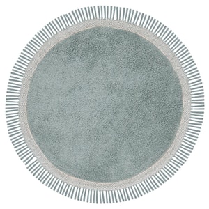 Easy Care Teal/Ivory 3 ft. x 3 ft. Machine Washable Border Solid Color Round Area Rug