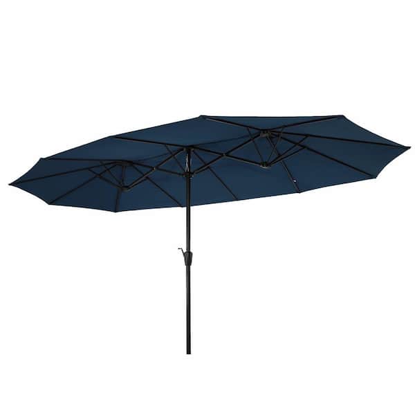 Unbranded 15 ft. Steel Market Double-Sided Rectangular Patio Umbrella in Blue with Crank