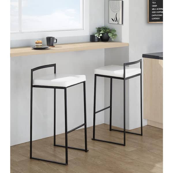 Fuji 30.75 in. White Faux Leather and Black Metal Fixed-Height Bar Stool (Set of 2)