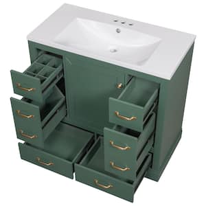 36 in. W Single Sink Freestanding Bath Vanity in Green with White Ceramic Top, 6-Drawers and Adjustable Shelf