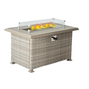 Beige Brown Wicker Outdoor Gas Fire Pit Table with Aluminum Tabletop and Glass Wind Guard