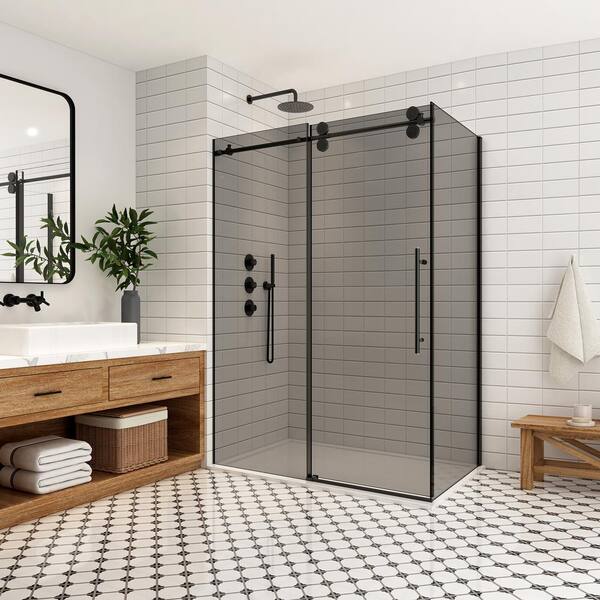 Echarri 48 in. W x 78 in. H Rectangle Sliding Frameless Corner Shower Dooe Enclosure in Matte Black with Tinted Glass