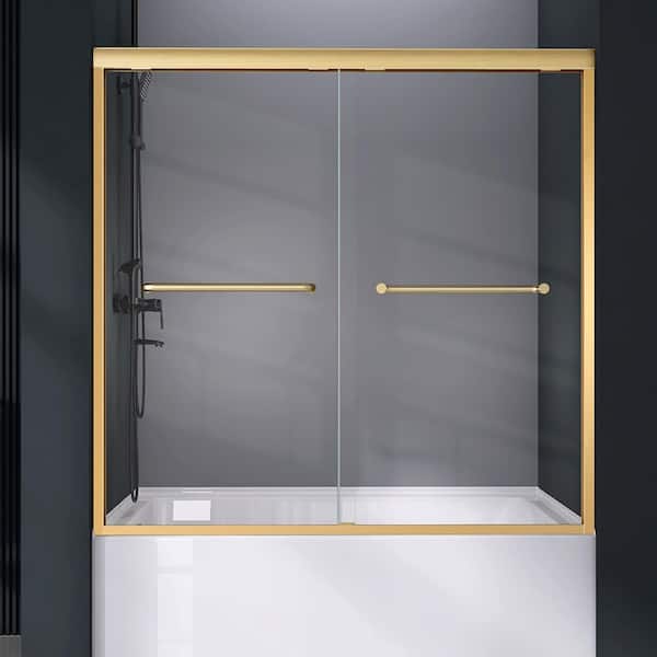 58 to 60 in. W x 62 in. H Double Sliding Bath Tub Door for Shower Gold with Clear Glass Semi-Frameless Bathtub Screen