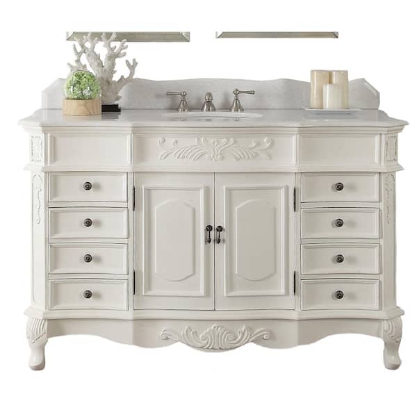 Benton Collection Morton 56 in.W x 22 in. D x 36 in. H Single Sink Bathroom Vanity in Antique White with White Marble Top