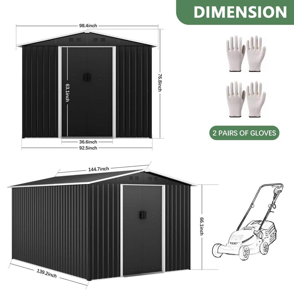 HOGYME 8'x12' Black Galvanized Steel Outdoor Storage Shed