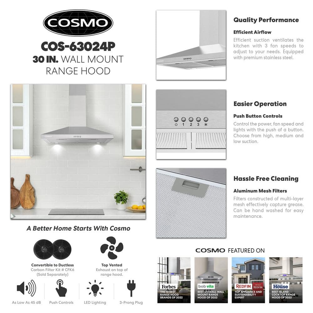 Cosmo 30" Stainless Steel Wall Mount Range Hood with LED Lighting