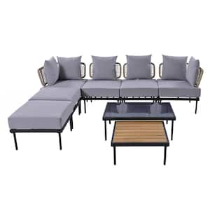 Black 8-Piece Metal Outdoor Sectional Set with Light Gray Cushions, Tempered Glass Coffee Table and Wooden Coffee Table