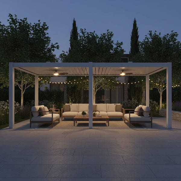 10 ft. x 24 ft. Ivory Aluminum Patio Pergola with Built-In Solar Panel, Ceiling Fan and Round LED Light