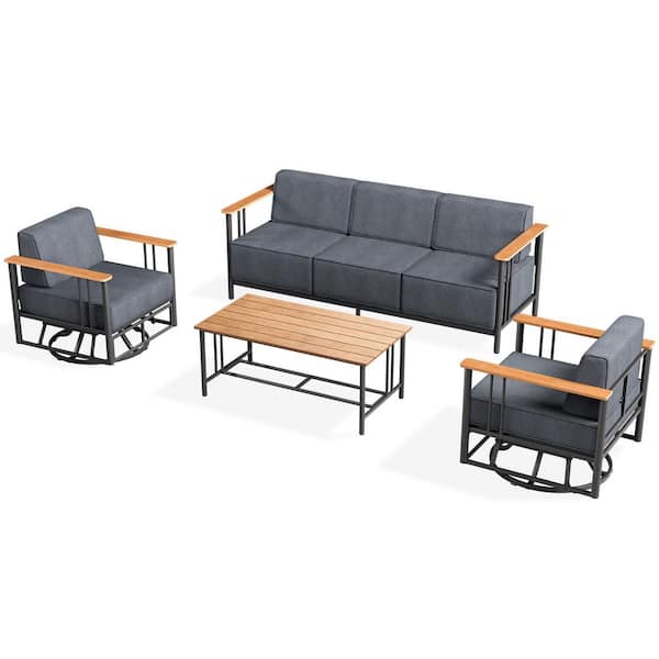 Minimalism 4-Piece Black Patio Metal Outdoor Conversation Set with Swivel Rocking Chair and Dark Gray Cushions