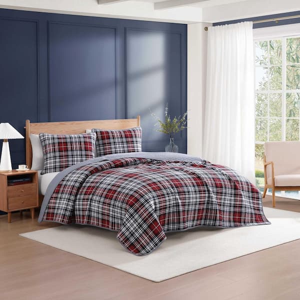Collegiate Tartan 2-Piece White/Red/Navy Blue Cotton Twin Quilt Set