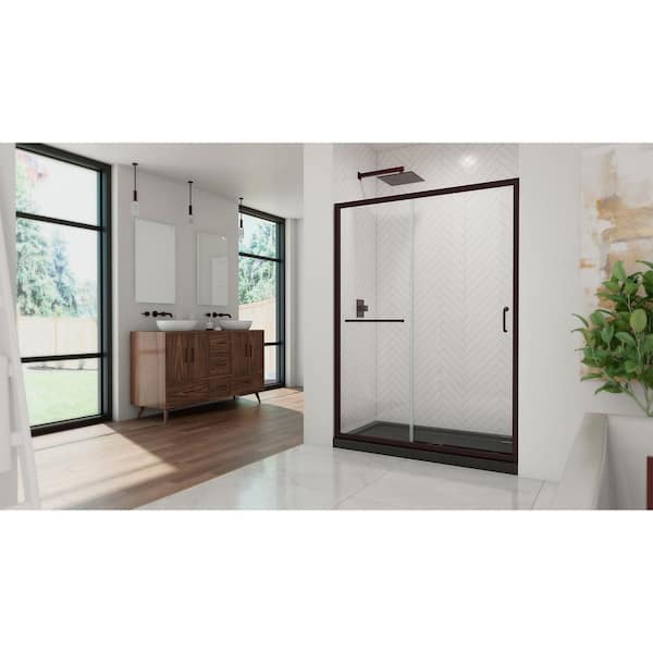32 in. L x 54 in. W x 76 3/4 in. H Alcove Shower Kit with Sliding Semi-Frameless Shower Door in Bronze and CB Shower Pan