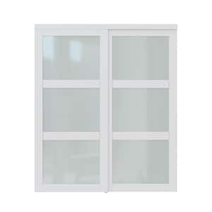 72 in. x 80 in. 3-Lite Frosted Glass White Primed MDF Interior Closet Sliding Door with Hardware