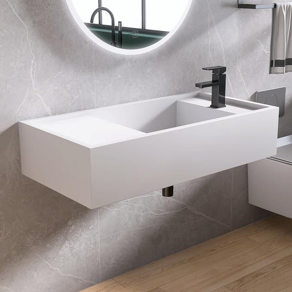 MEDUNJESS 39 in. x 20 in. x 9 in. Solid Surface Wall-Mounted Bathroom Vessel Sink in White with Faucet Hole
