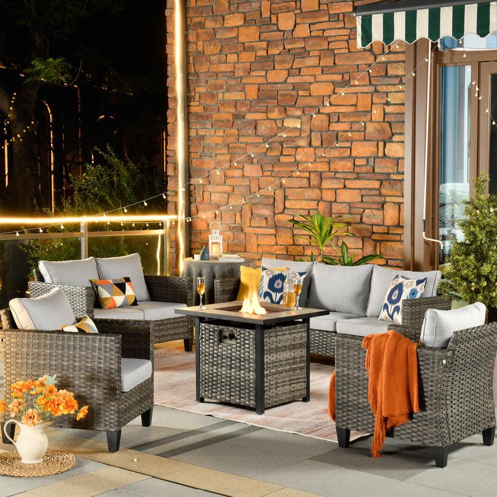 Mars Gray 5-Piece 7-Seat Wicker Patio Conversation Fire Pit Sofa Set with Light Gray Cushions price history on PriceWatchPro