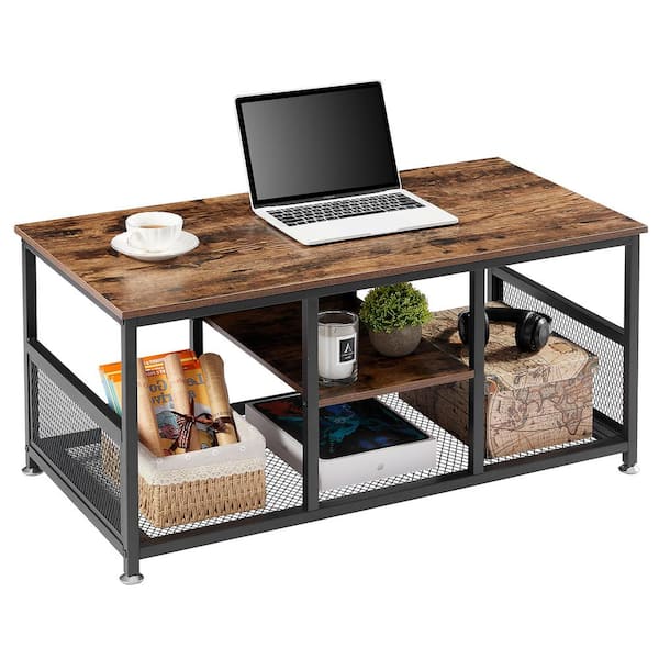 VECELO Coffee Table with Storage Living Room, Modern and Industrial Mesh Shelf, 39.4 in., Brown Coffee Tables For Living Room