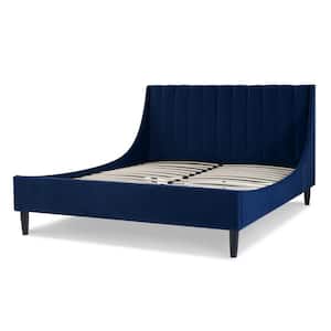 Aspen 63.5 in. Velvet Vertical Tufted Upholstered Queen Modern Platform Bed Frame with Headboard in Navy Blue