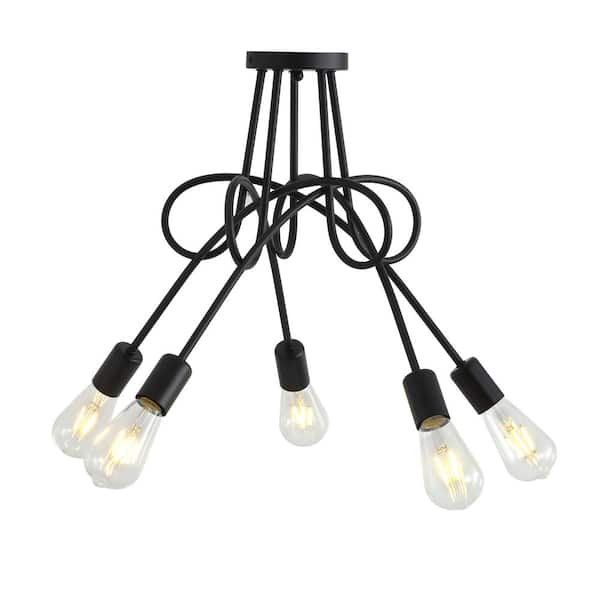 aiwen Modern 27.55 in. 5-Lights Brushed Black Sputnik Linear Semi- Flush Mount Ceiling Light Fixture