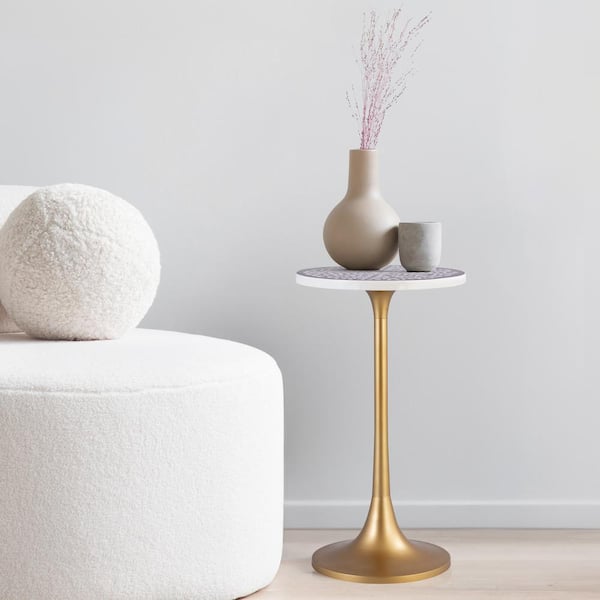 Nysha 25 in. Modern Bohemian Metal/Resin Inlay Top End Table, Purple/White