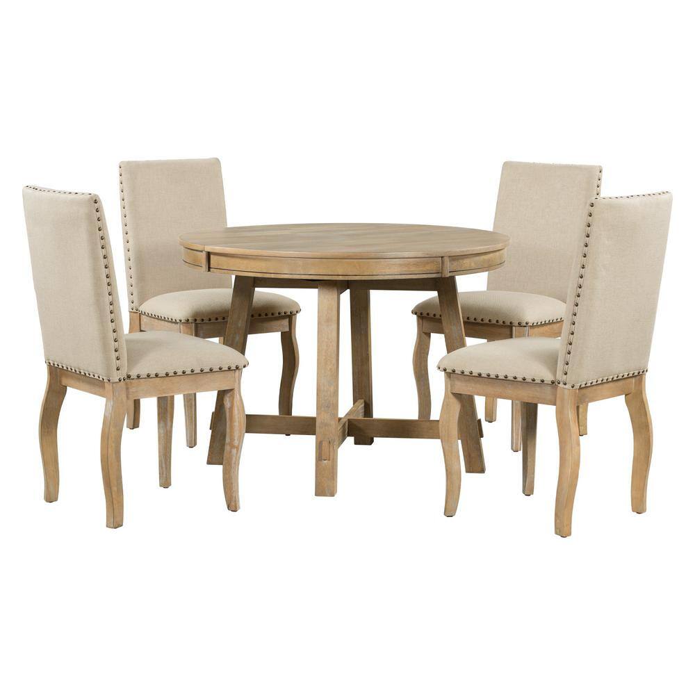 5-Piece Farmhouse Natural Extendable Wood Wash Wood Top Dining Room Set Seats 4