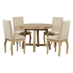 5-Piece Farmhouse Natural Extendable Wood Wash Wood Top Dining Room Set Seats 4