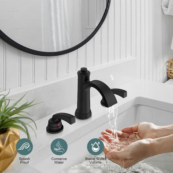 Waterfall 8 in. Widespread Double-Handle Black Bathroom Faucet Set 3-Holes Vanity Sink with Metal Drain in Matte Black