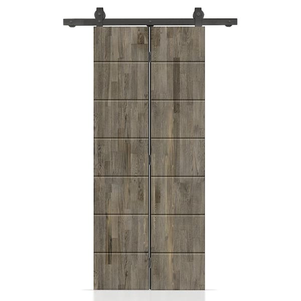 CALHOME 32 in. x 80 in. Weather Gray Stained Hollow Core Pine Wood Bi-Fold Door with Sliding Hardware Kit