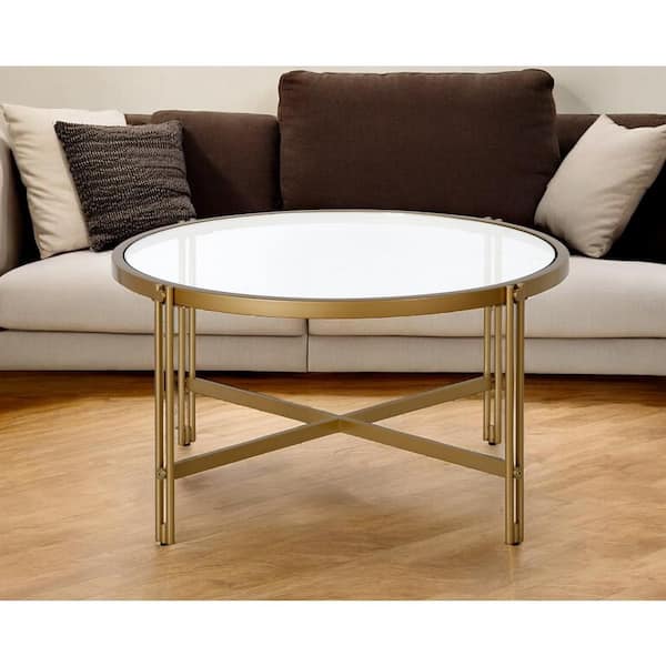 HomeRoots 32 in. Gold Round Glass Coffee Table