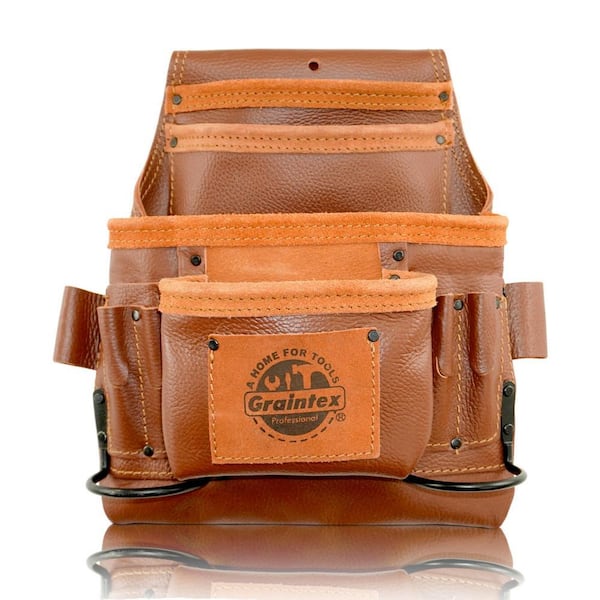 10-Pocket Brown Rugged Top Grain Leather Nail & Tool Pouch W/2 Hammer Holders