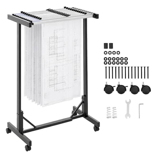 Mobile Steel Blueprint Storage Rack with 12 Aluminum Clamps (30 In.), Adjustable Holder, Organizer Stand for Plans