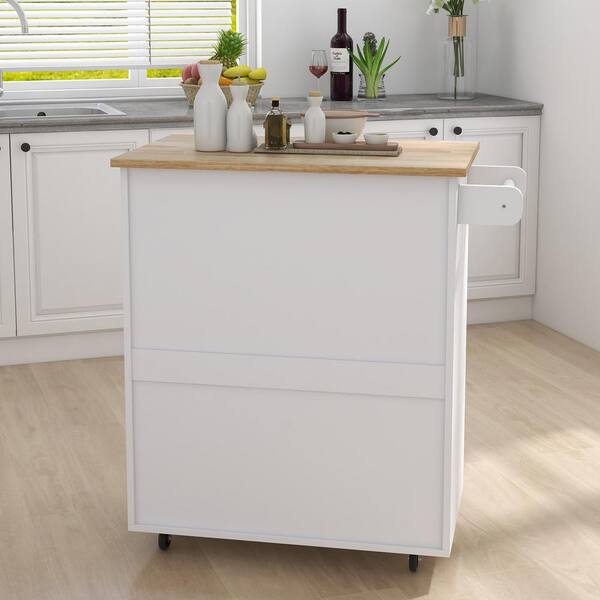 Merax 56'' Kitchen Island With Drop Leaf & Power Outlet - Rolling Cart With Drawers