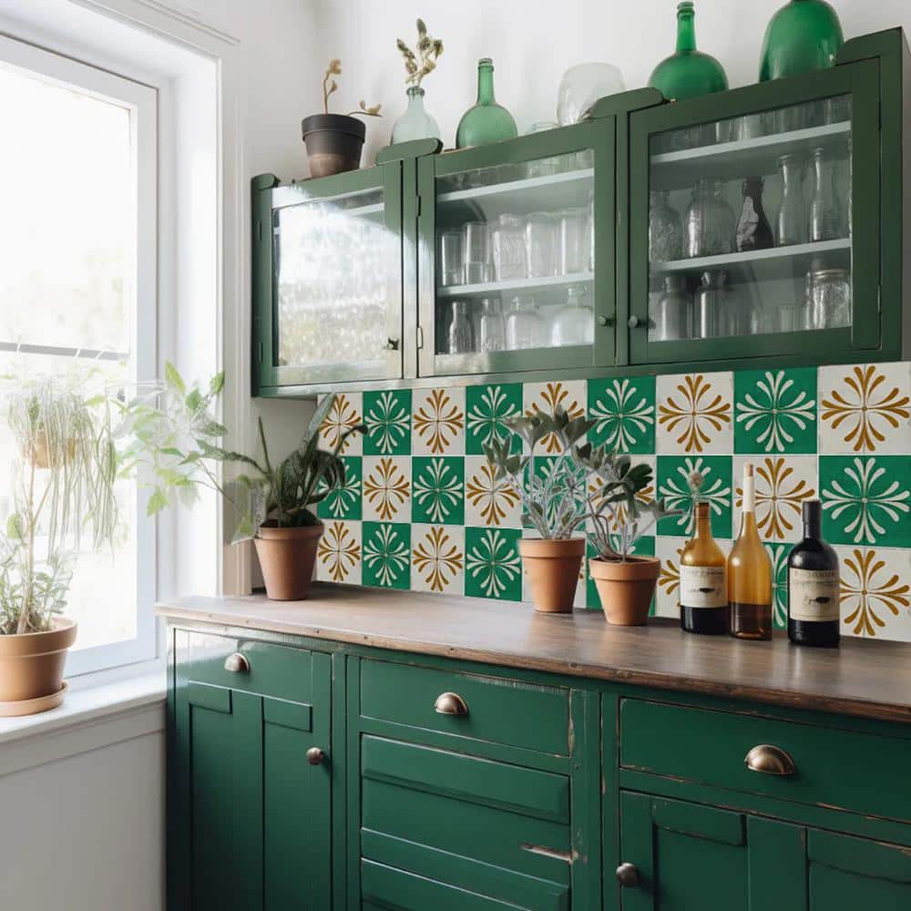 8x8-inch Antiquewhite Green Gold Vinyl Peel and Stick Tile Stickers