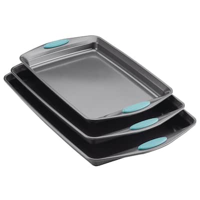 3-Piece Gray Nonstick Bakeware Cookie Pan Set with Agave Blue Silicone Grips
