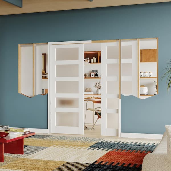 TENONER 60 in. x 80 in. 5-Lite, Pre-Assembled Panel, Tempered Frosted MDF, White Primed Pocket Door Frame with Hardware