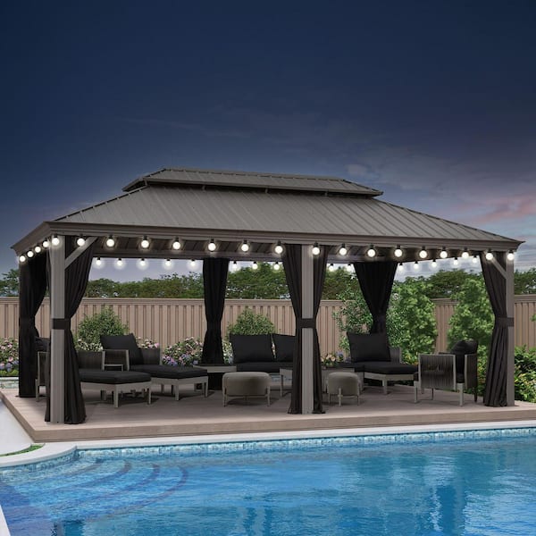 12 ft. x 20 ft. Light Gray Patio Outdoor Gazebo for Backyard Hardtop Aluminum Frame, Hooks,Curtain,Netting and 36-Lights