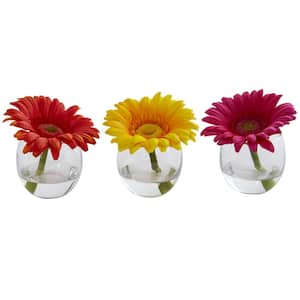 Gerbera Daisy Artificial Arrangement in Glass Vase (Set of 3)